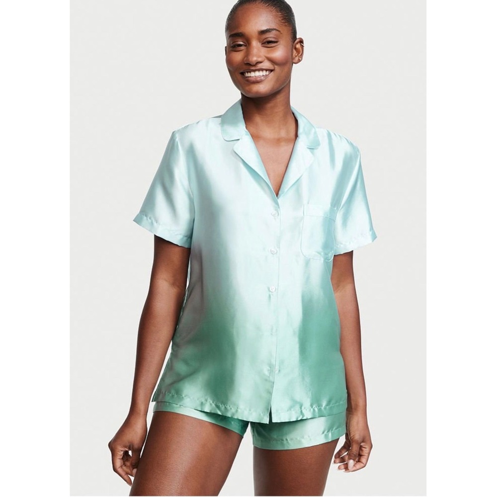 Victoria's Secret Satin Ombre Pajama Set Blue Green Short Sleeve Medium NEW
